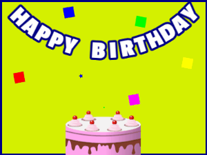 Happy Birthday GIF:A pink cake on green with blue border & falling hearts