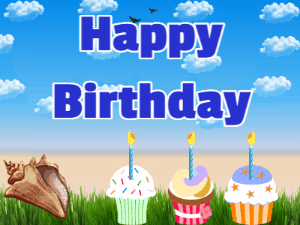 A beach crab displays the birthday name that you can customize on a beach with cupcakes. Animated, cute, weird.