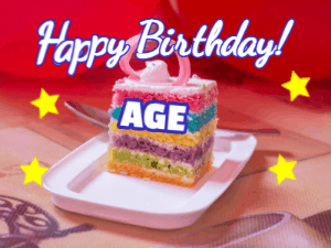 Happy birthday cake with age and name to customize and animated stars and text