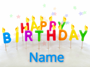 Birthday Candles animated gif with star confetti and lettered birthday candles and a name to customize.