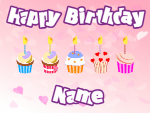 Happy Birthday GIF:Cupcakes for Birthday,pink hearts background,white & purple text