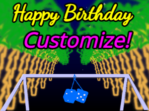 Animated happy birthday gif of a neon drive through neon palm trees and dice swinging in the wind. 