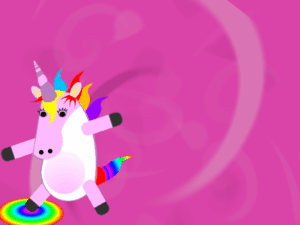 Happy Birthday GIF:Dabbing Unicorn:purple background,blue flowers,pink cake