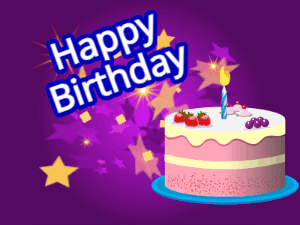 Purple background with golden stars, animated birthday gif with a cake and animated stars. Customize the name.