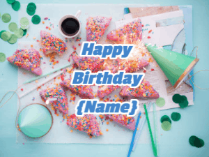 Animated birthday gif that can be customized with name showing flowing confetti over a birthday party place setting.
