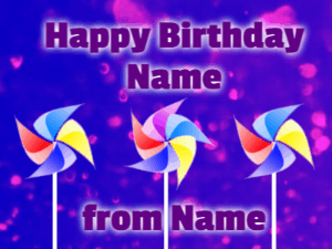Animated birthday gif with name of 3 rotating pin wheels on a purple background with 3 lines of text to customize.