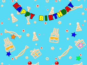 Happy Birthday GIF:pink Cake, flying hearts on a blue decor background