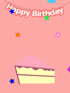 Happy Birthday GIF:Pink birthday GIF with a slice of cake and hearts