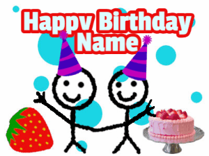 Very cute stick figures waving and saying happy birthday with hearts and strawberries in this animated birthday gif.