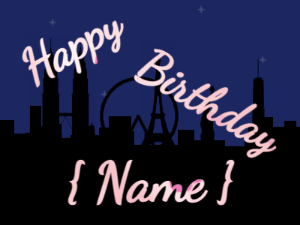 Happy Birthday GIF:City fireworks of sparks. Fonts block & block, & a pink texture