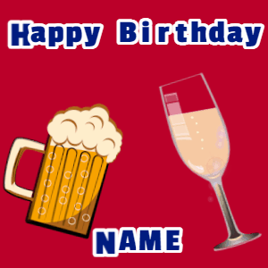 Happy Birthday GIF:Birthday gif, mug & champagne, flares fireworks, block text on red