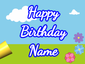 Happy Birthday GIF:Horn, stars, meadow, cursive, white, blue