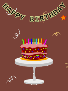 Animated birthday gif of a chocolate cartoon cake and stars. Animated text can be customized with name.