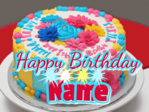 An animated Happy Birthday GIF with a cake and letters you can customize with sparklers on top of them.