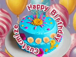 Birthday cake animated gif with a ring of text reading Happy Birthday Customize and a splash of star confetti.
