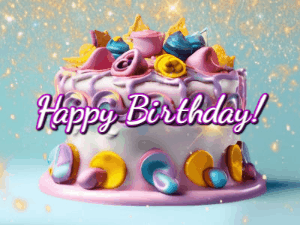 A beautiful birthday cake gif with animated sparkles and glitter Happy Birthday Name you can customize