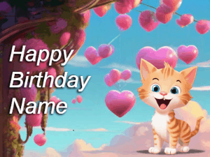 Happy Birthday GIF:Hearts and Cat Happy Birthday with Hearts