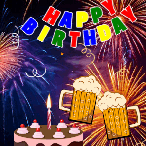 Happy Birthday GIF:Birthday Celebration with Cake and Beer