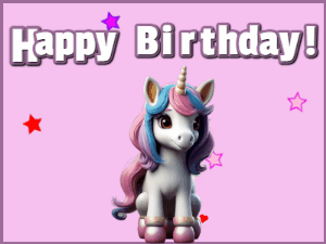 Happy Birthday GIF:Unicorn Birthday in Pink and Hearts