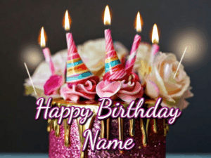 Happy Birthday GIF:Pink themes Sparklers on a Cake w Candles