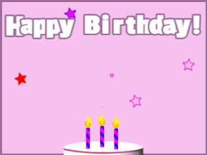 Animated pink happy birthday gif with a white cake, pink background, and flying hearts. Customize the banner and name.